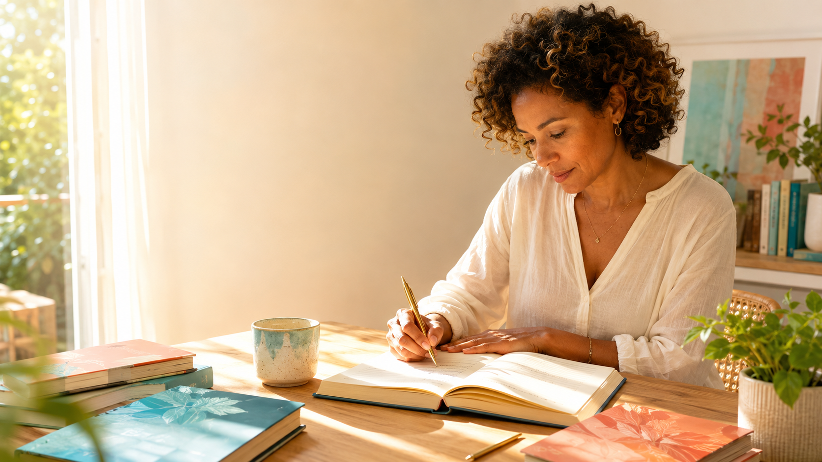 Une femme écrit dans un cahier de transformation entourée de livres