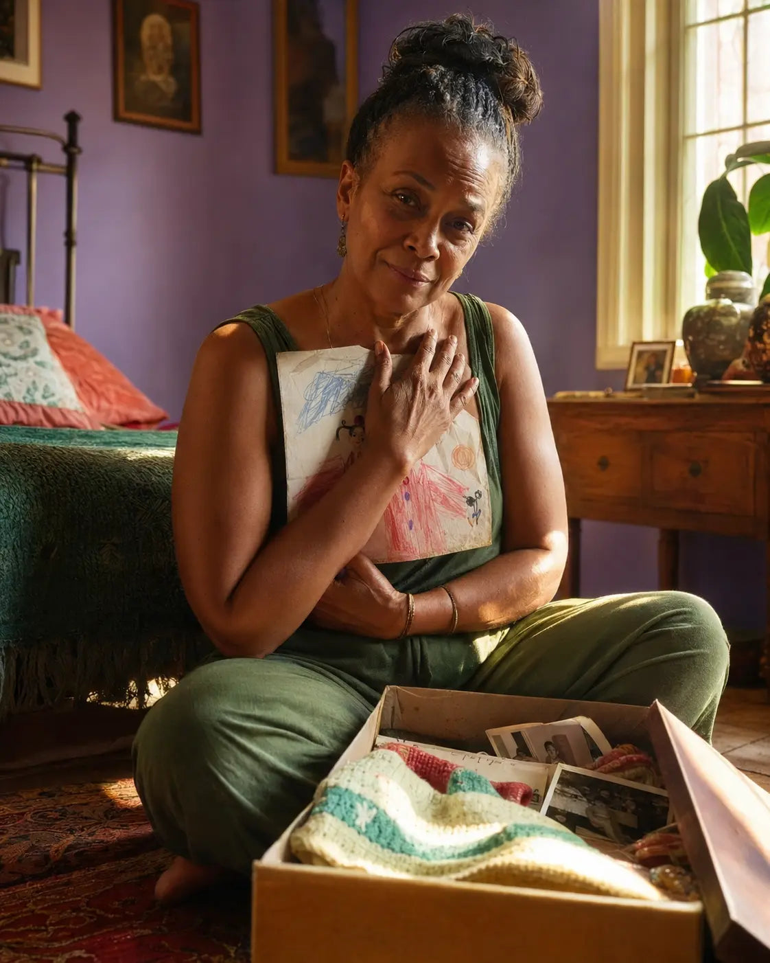 Une femme accueille avec tendresse les souvenirs de son enfance