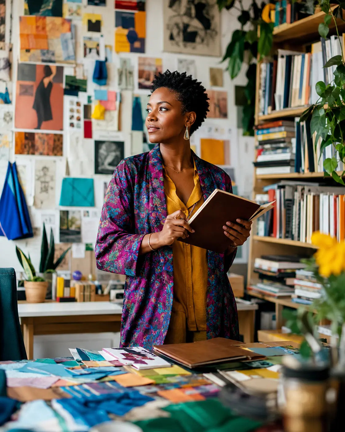 Une femme créative entourée de ses nombreux projets